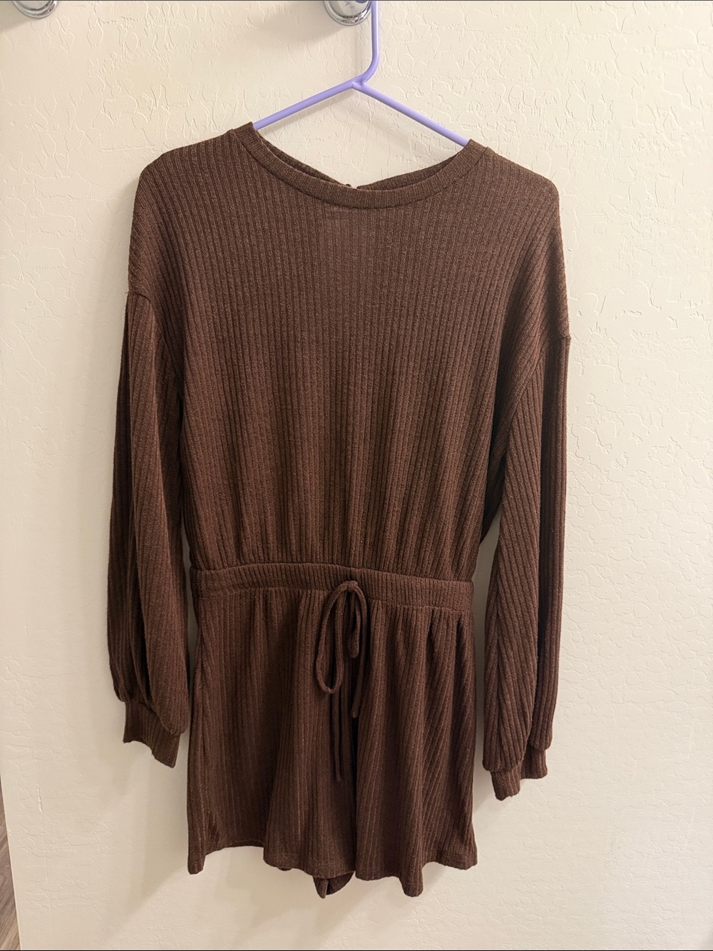 Brown Ribbed Knit Romper with Drawstring Waist